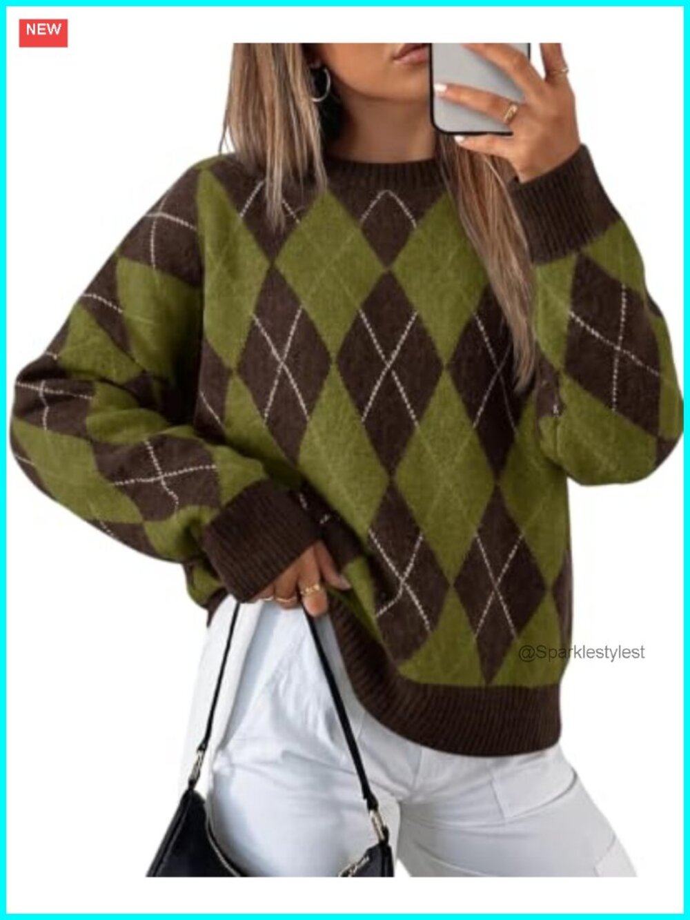 Oversized Argyle Plaid Long Sleeve Knit Pullover Sweater